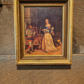 Vintage Oil canvas painting noblewoman interior dog Flanders school