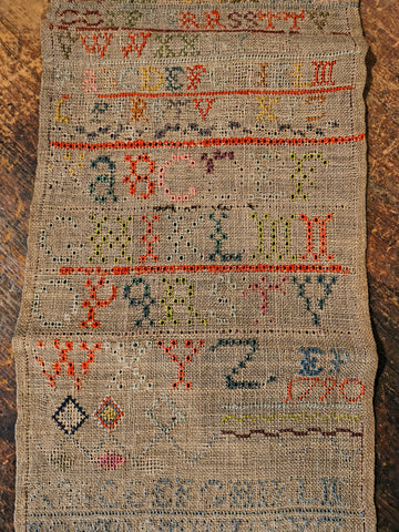 Antique Primitive LATE 18TH CENTURY ALPHABET & DIAMOND BORDER SAMPLER INITIALLED E.P - 1790