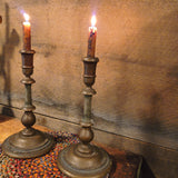 Antique Primitive Turned Wooden Candle Holders w/ Candles 
Base 6.5" x 12 5"