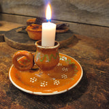 Vintage Folk Art Clay Chamberstick Candle Holder w/ Candle